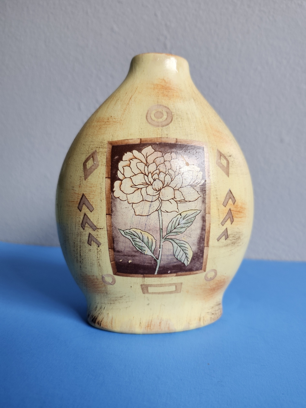 Rustic Ceramic Bud Vase Peony Floral Boho Etno Faux Distressed Pottery 6.75"